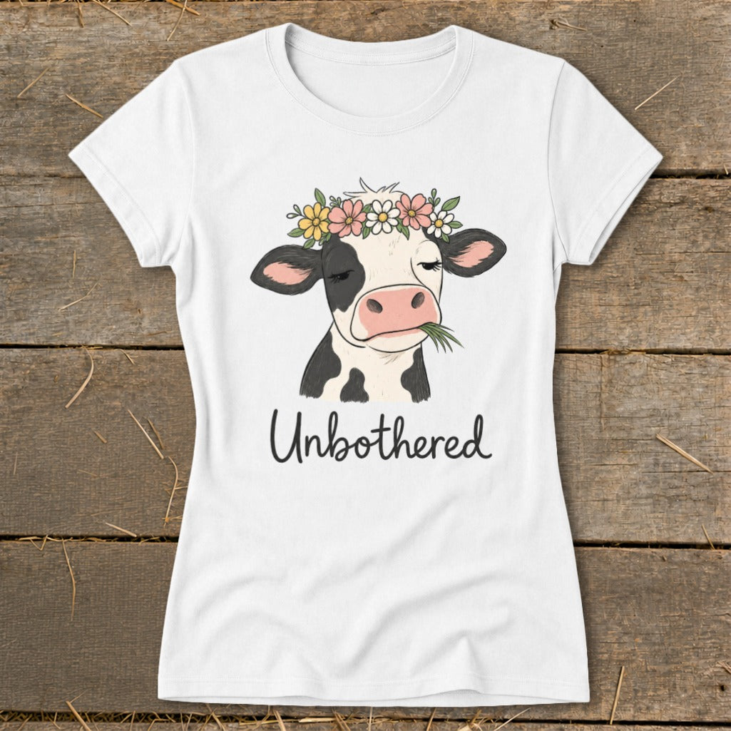 White t-shirt with a cow wearing a flower crown and the text "Unbothered."