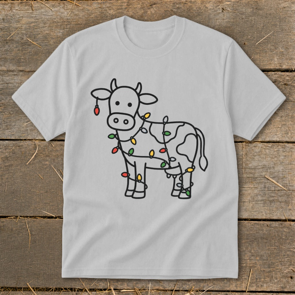 Gray t-shirt with a line drawing of a cow wrapped in colorful Christmas lights.