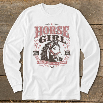White long sleeve shirt with "Horse Girl" text and a horse head graphic.
