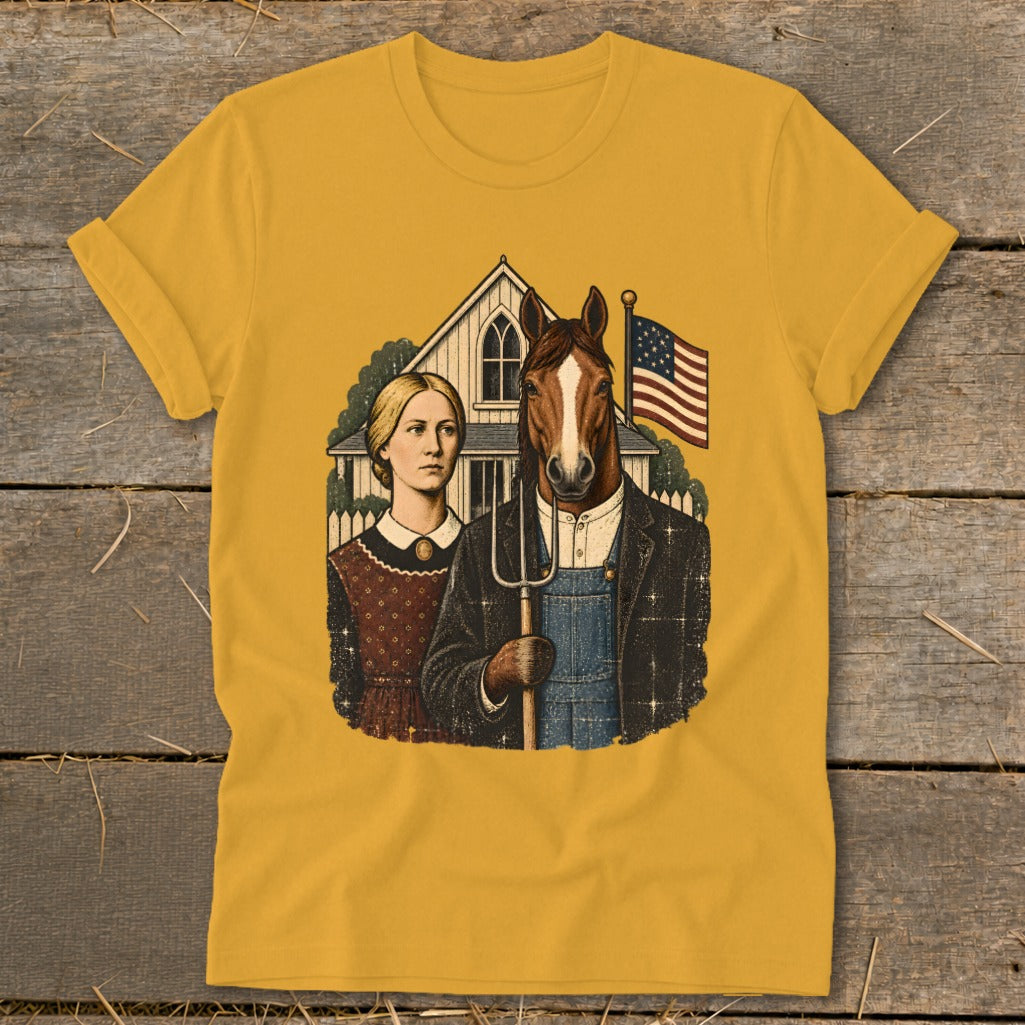 Mustard yellow crewneck t-shirt featuring a parody of American Gothic with a horse holding a pitchfork.