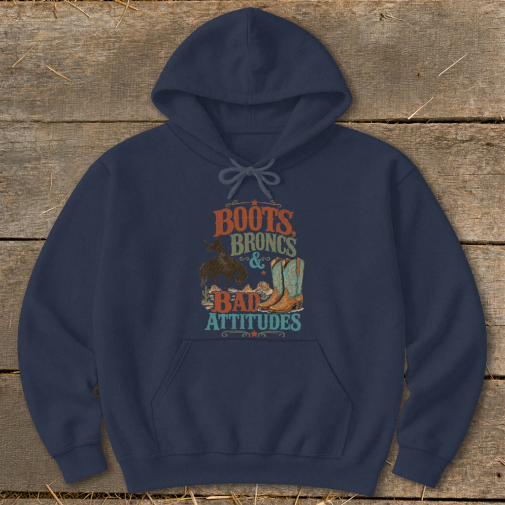 Navy hoodie with "Boots, Broncs & Bad Attitudes" text and rodeo graphics.