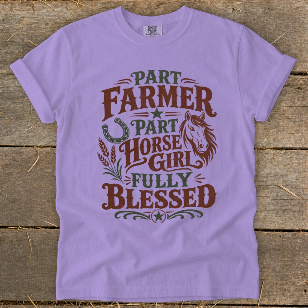 Purple t-shirt with "Part Farmer, Part Horse Girl, Fully Blessed" text and horse graphic.
