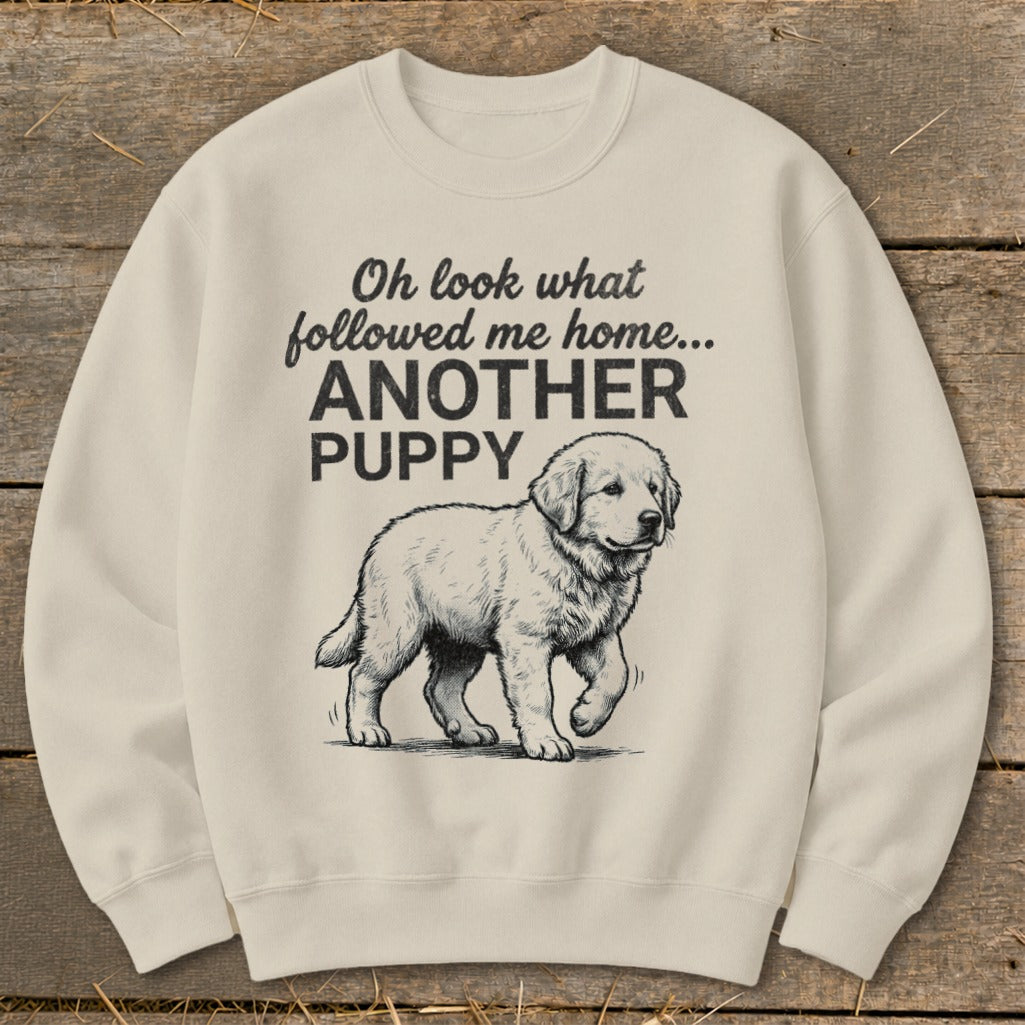 Cream sweatshirt with text "Oh look what followed me home... ANOTHER PUPPY" and a puppy illustration.