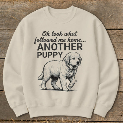Cream sweatshirt with text "Oh look what followed me home... ANOTHER PUPPY" and a puppy illustration.