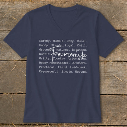 Navy v-neck t-shirt with "Farmerish" and descriptive words in white text.