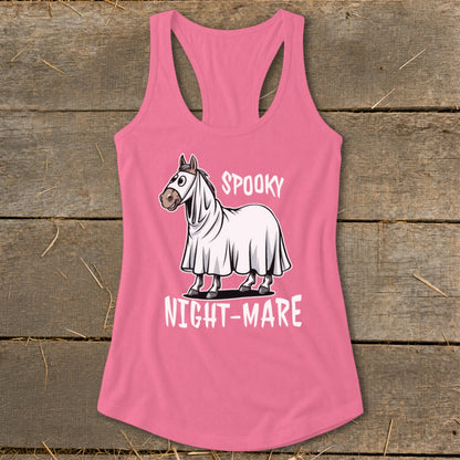 Pink tank top with cartoon horse dressed as ghost, text "SPOOKY NIGHT-MARE".