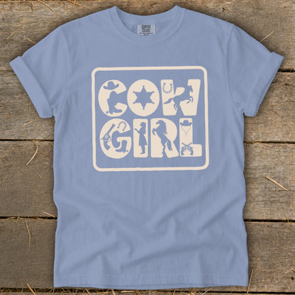 Light blue t-shirt with "COWGIRL" text and Western-themed icons.