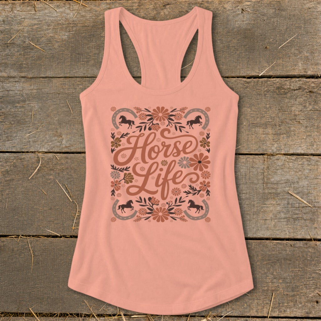 Peach tank top with "Horse Life" text and floral horse and horseshoe graphic.