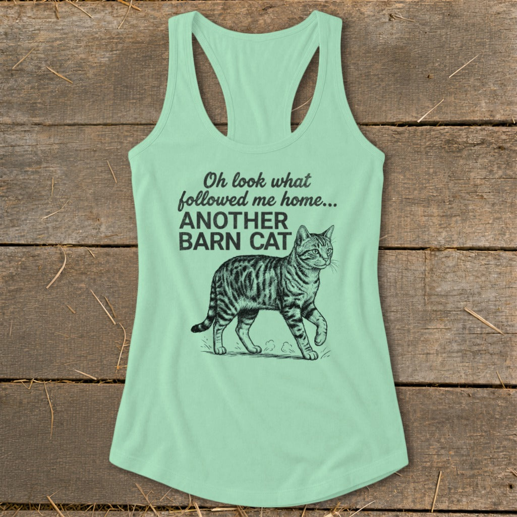 Mint green tank top with black text and barn cat illustration.