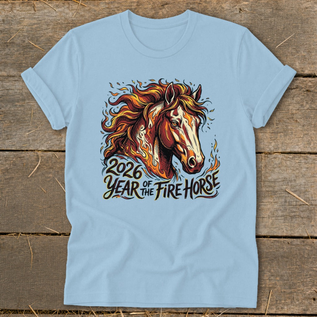 Light blue t-shirt with 2026 Year of the Fire Horse graphic.