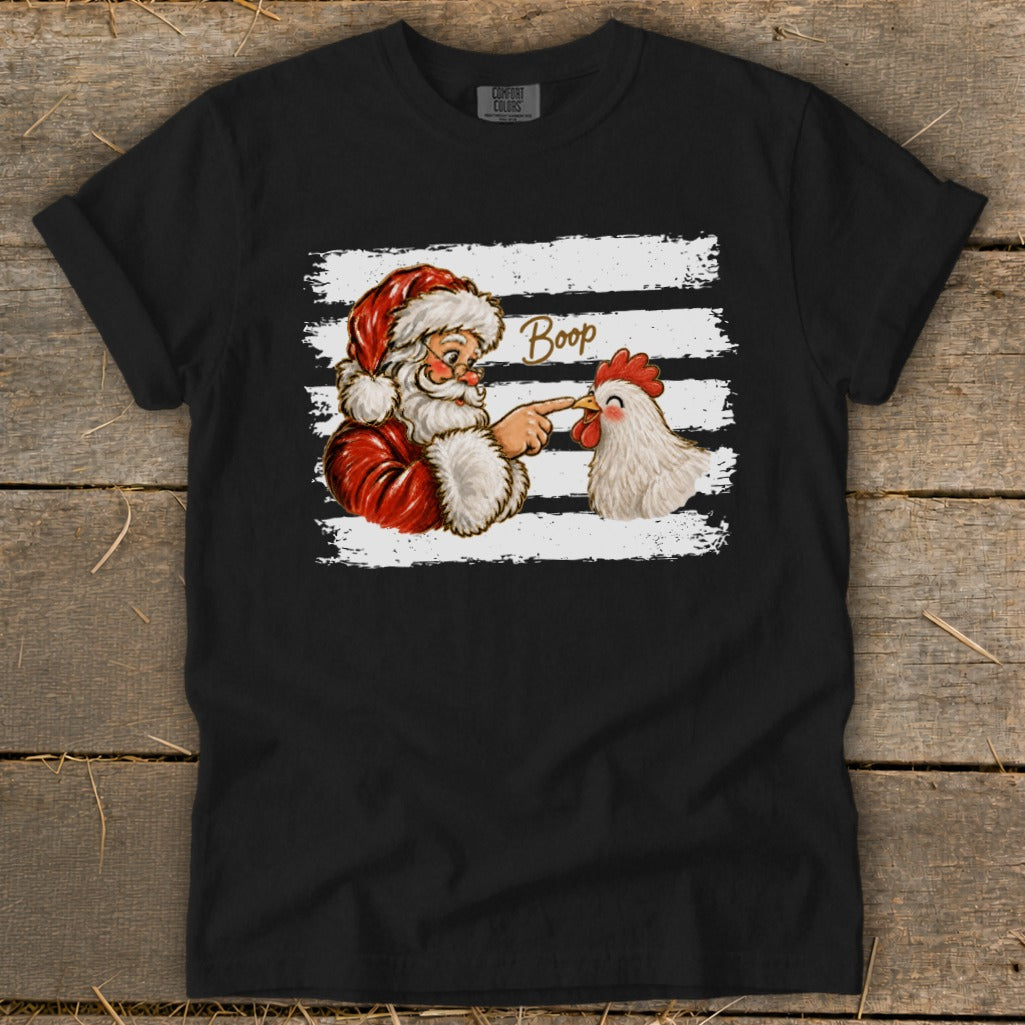 Santa boops a chicken with text that says "Boop."
