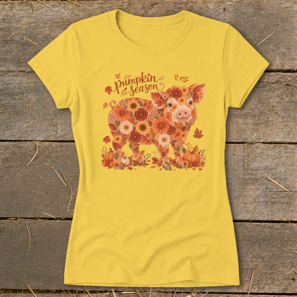 Yellow t-shirt with floral pig graphic and "pumpkin season" text.