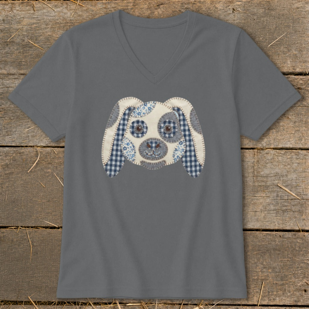 Gray V-neck t-shirt with a quilted dog face applique on the front.