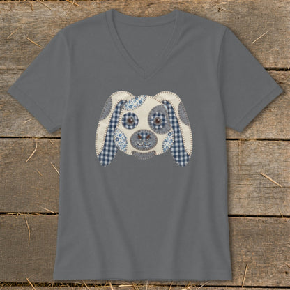 Gray V-neck t-shirt with a quilted dog face applique on the front.