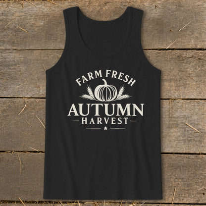Black tank top with "Farm Fresh Autumn Harvest" text and pumpkin graphic.