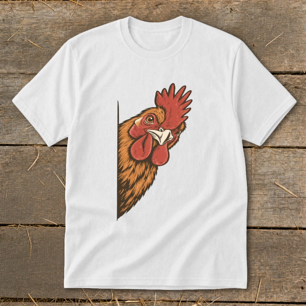 White t-shirt with a brown and orange rooster peeking from the side.