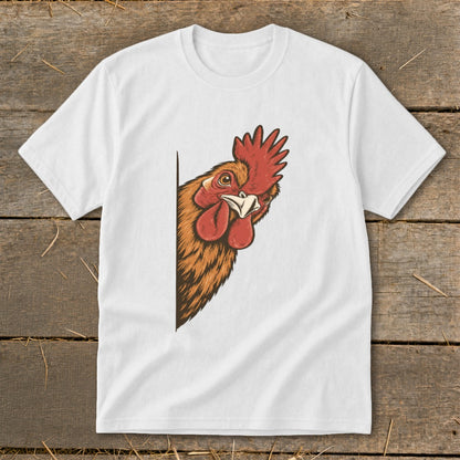 White t-shirt with a brown and orange rooster peeking from the side.