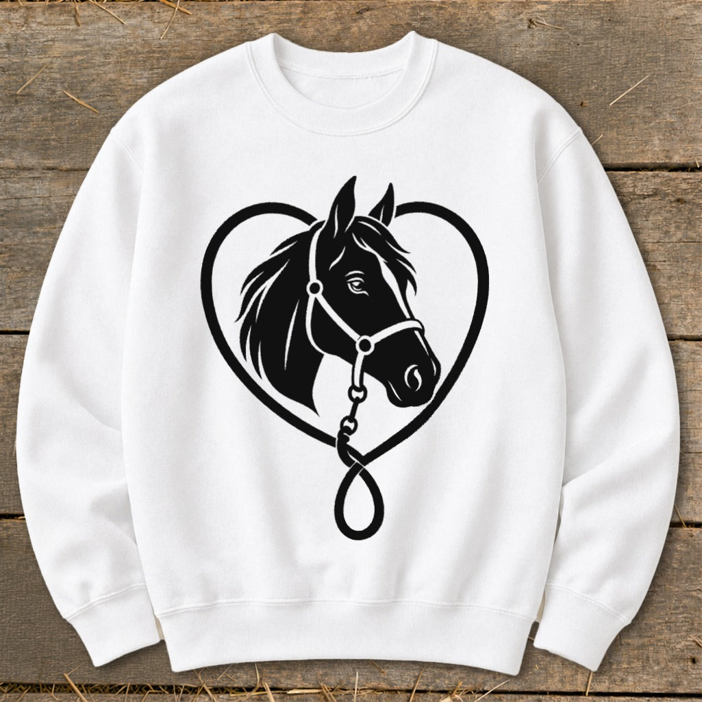White crewneck sweatshirt featuring a black graphic of a horse head inside a heart outline.