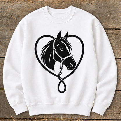 White crewneck sweatshirt featuring a black graphic of a horse head inside a heart outline.