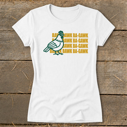 White t-shirt with green chicken graphic and gold "Bawk Ba-Gawk" text.