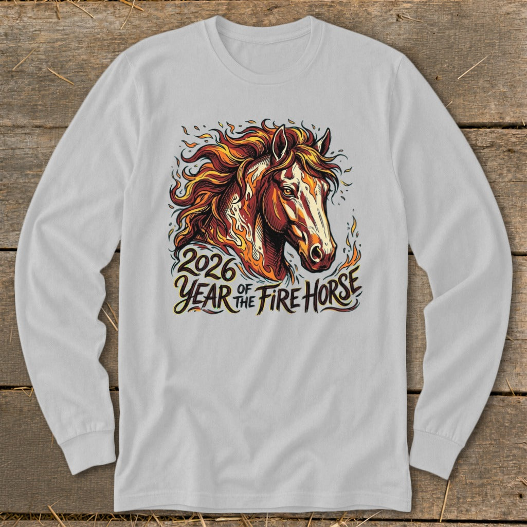 Graphic of a fiery horse head with text "2026 Year of the Fire Horse".