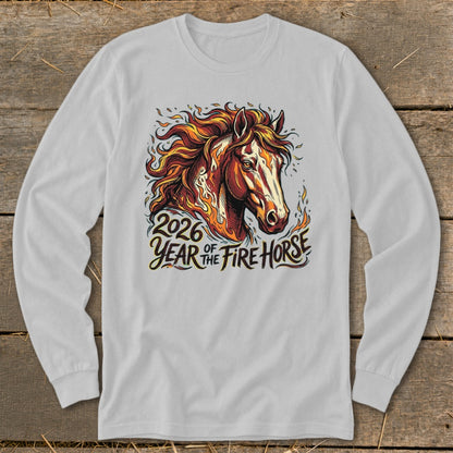 Graphic of a fiery horse head with text "2026 Year of the Fire Horse".