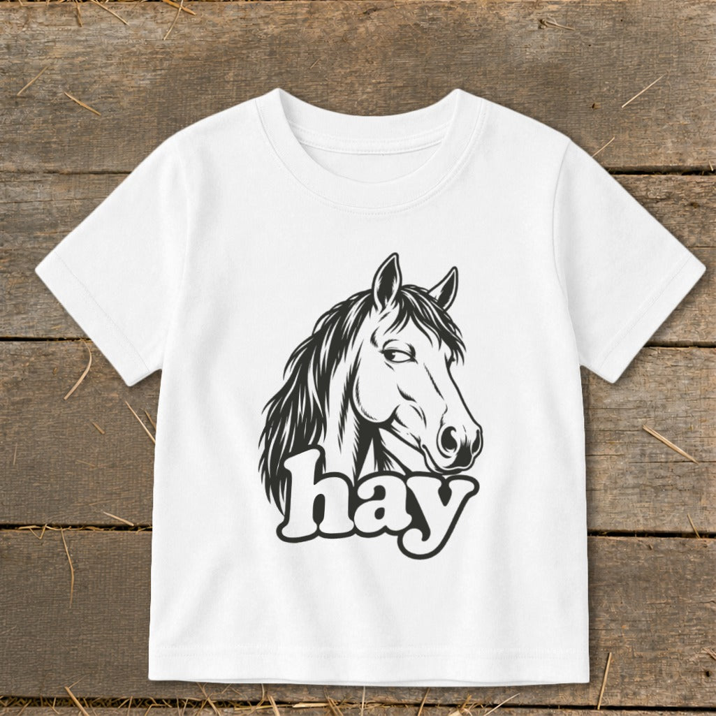 White t-shirt with a black graphic of a horse's head and the word "hay".