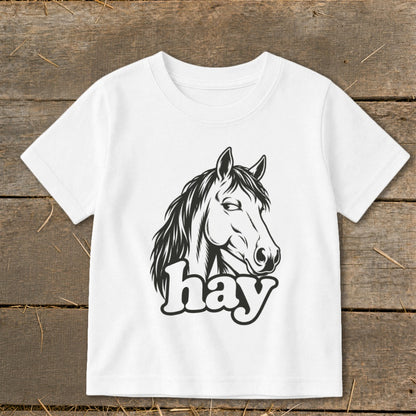 White t-shirt with a black graphic of a horse's head and the word "hay".