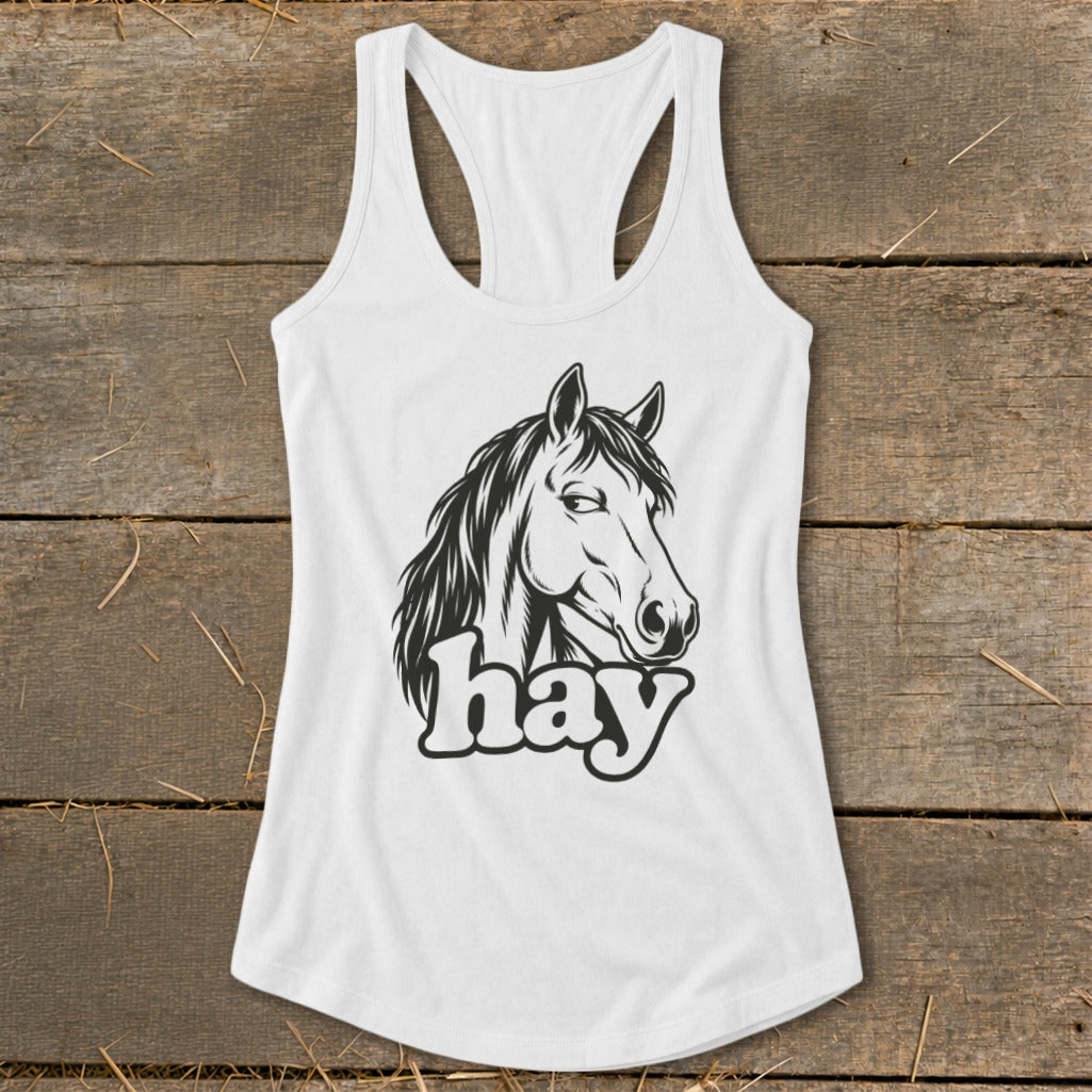 White tank top with a black line drawing of a horse head and the word "hay".