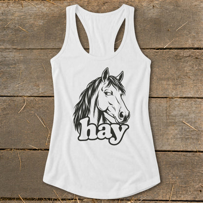 White tank top with a black line drawing of a horse head and the word "hay".