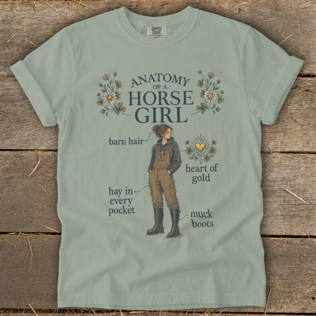 T-shirt graphic with "Anatomy of a Horse Girl" and illustrated equestrian details.
