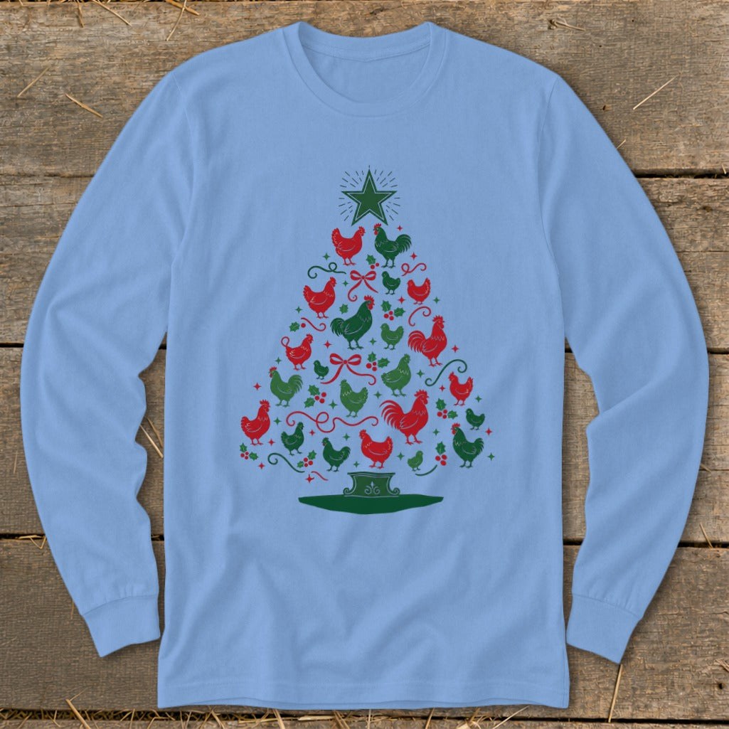Light blue long sleeve shirt with Christmas tree made of red and green chickens.