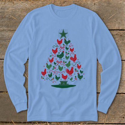 Light blue long sleeve shirt with Christmas tree made of red and green chickens.