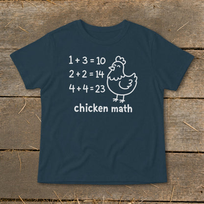 Navy t-shirt with "chicken math" and incorrect math equations next to a chicken graphic.