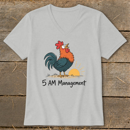 Light gray t-shirt with a cartoon rooster crowing at sunrise and the text "5 AM Management".