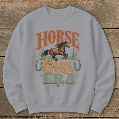 Light grey sweatshirt with "HORSE GIRLY ERA" text and a running horse graphic.