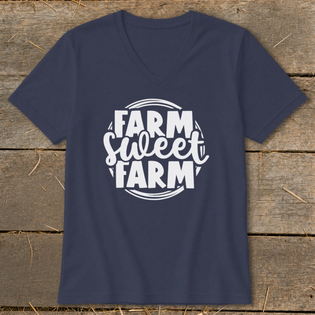 Navy v-neck t-shirt with white "Farm Sweet Farm" text design.
