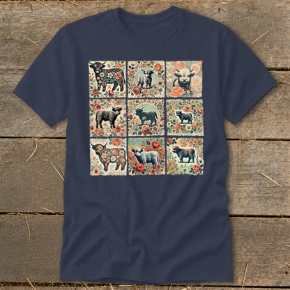 T-shirt with a nine-panel print featuring Highland cows and floral designs.