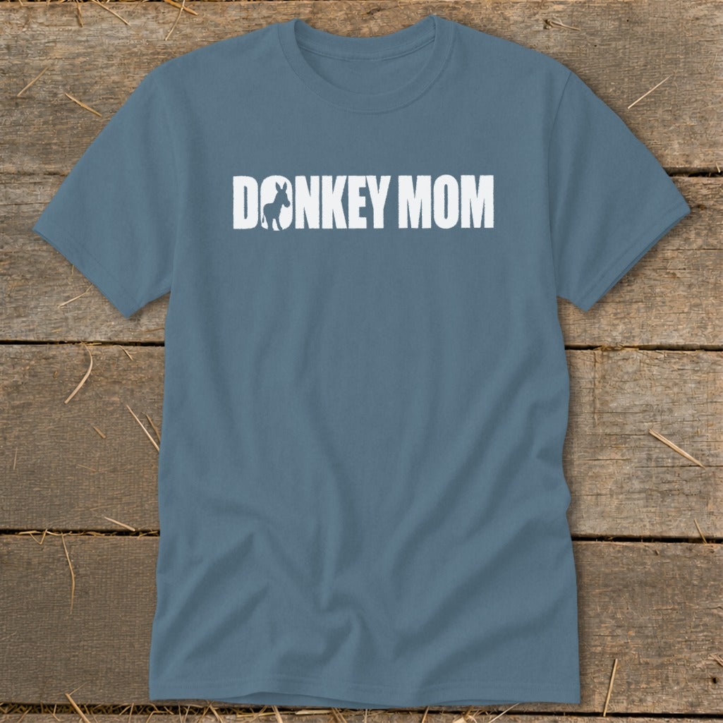 Blue crew neck t-shirt with the white text DONKEY MOM featuring a donkey silhouette.