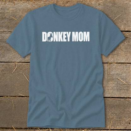 Blue crew neck t-shirt with the white text DONKEY MOM featuring a donkey silhouette.