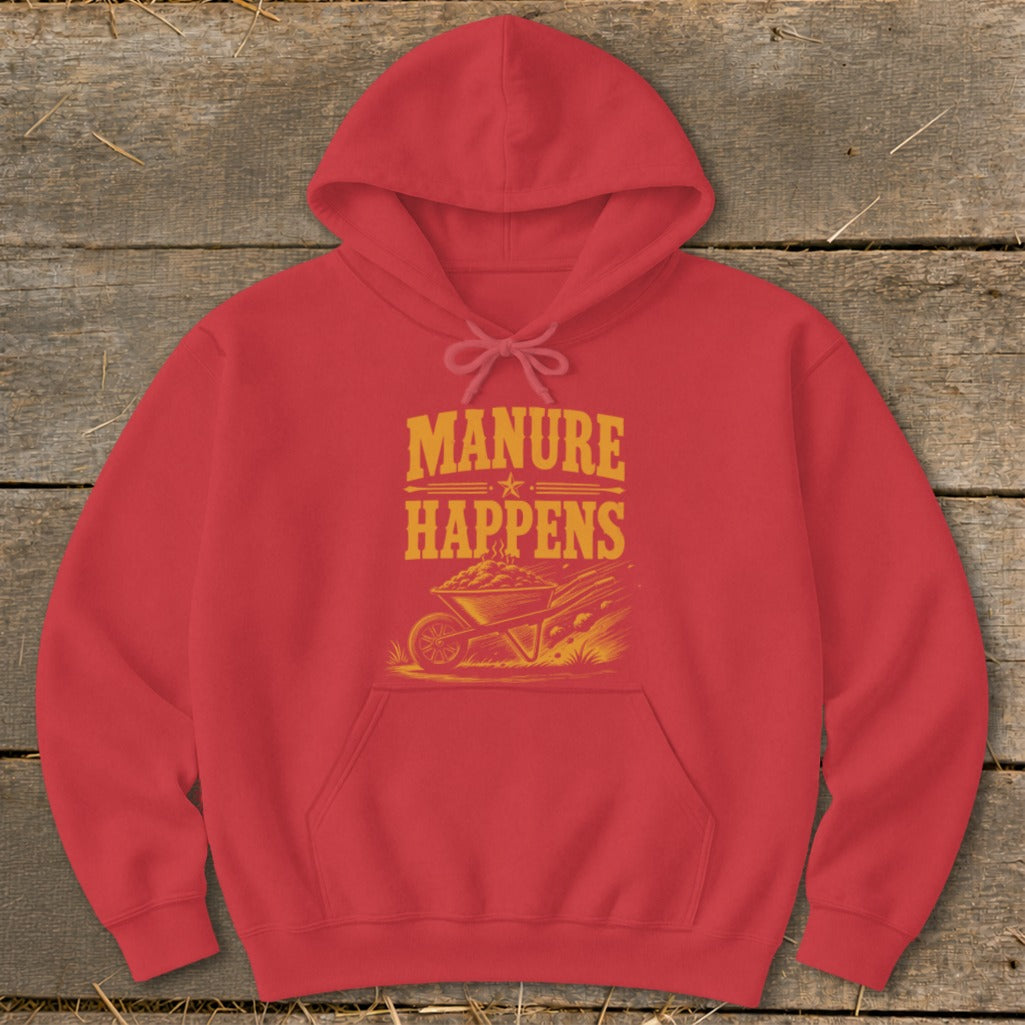 Red hoodie with "MANURE HAPPENS" text and a wheelbarrow illustration.