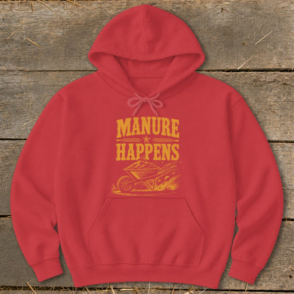 Red hoodie with "MANURE HAPPENS" text and a wheelbarrow illustration.