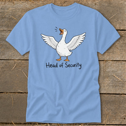 Light blue t-shirt with cartoon goose and text "Head of Security".