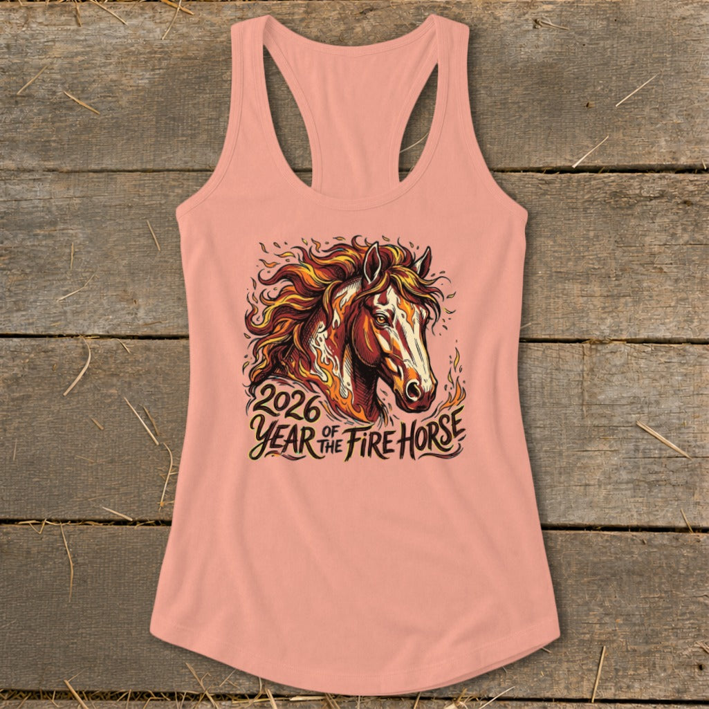 Peach tank top with Year of the Fire Horse graphic featuring a horse with flames.