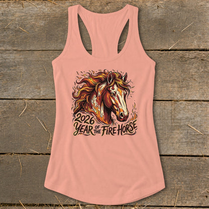 Peach tank top with Year of the Fire Horse graphic featuring a horse with flames.