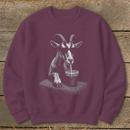 Crewneck sweatshirt with a graphic of a goat wearing sunglasses drinking from a cup.