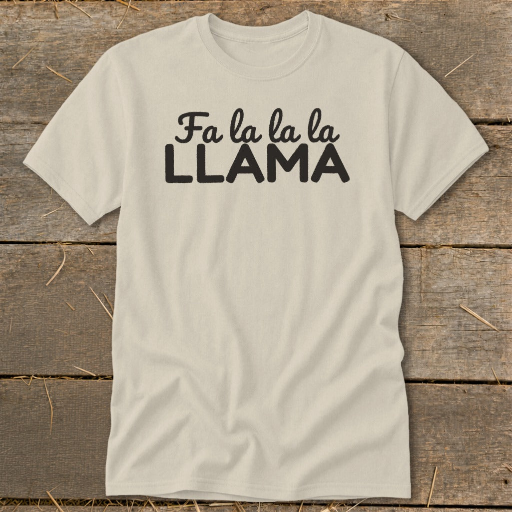 Light beige t-shirt with black text "Fa la la la la LLAMA".