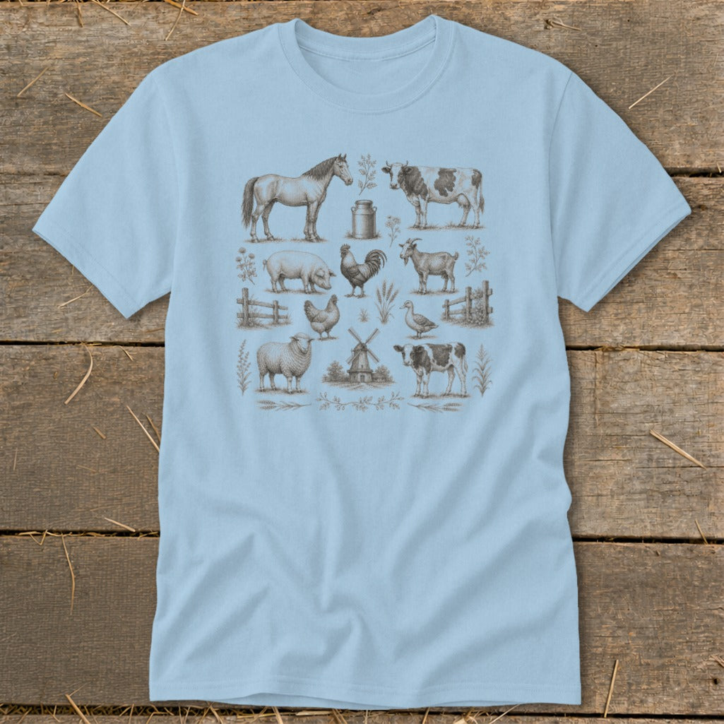 Light blue t-shirt featuring vintage farm animals and a windmill illustration.