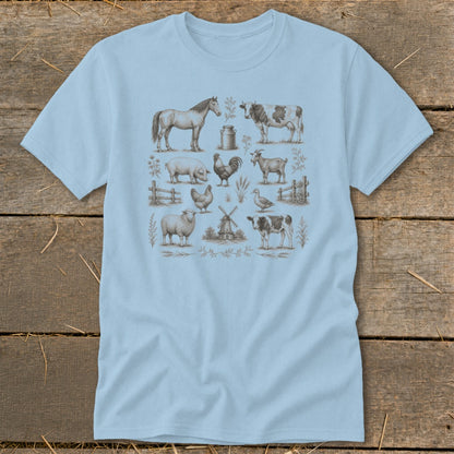 Light blue t-shirt featuring vintage farm animals and a windmill illustration.