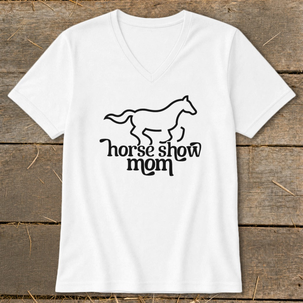 White v-neck t-shirt with black outline horse and text "horse show mom."